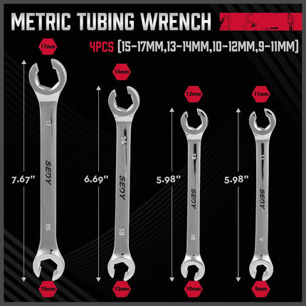 4-Piece Flare Nut Wrench Set, 9-17mm Metric Offset Spanners, CR-V Steel with Pouch