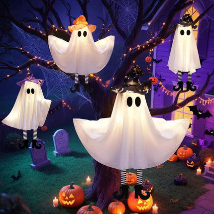 4-Pack Light-Up Halloween Ghosts with Witch Hats, 3 Modes, DIY Arms, Indoor Outdoor