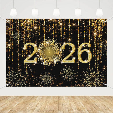 2026 NYE Photography Backdrop – Black & Gold Cheers to 2026 Photo Props