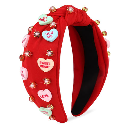 Valentine’s Day Headband for Women: Love Red Heart Rhinestone Knotted Hair Accessory