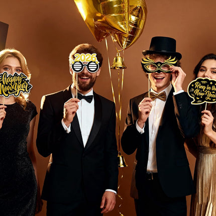 24-Piece 2026 NYE Photo Booth Props – Black & Gold Party Favor Set