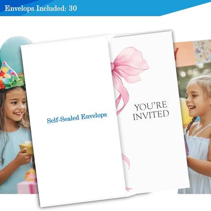 30 Pink Bow Birthday Invitations for Girls, Coquette Party Invites with Envelopes