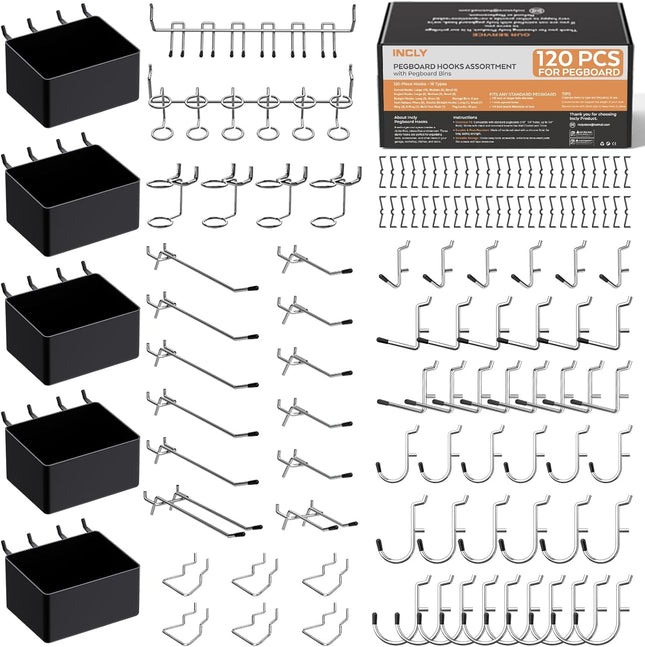120PCS Pegboard Organizer Kit – Hooks & Bins for Garage, Tools & Wall Storage