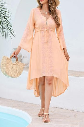 Womens Long Dress V Neck Bell Sleeve Floral Embroidery High Low Hem