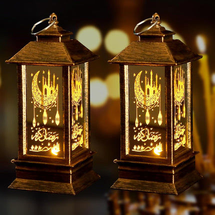 2PCS Ramadan Lantern Set – Dark Brown Mini Castle Moon LED Decor for Eid Mubarak