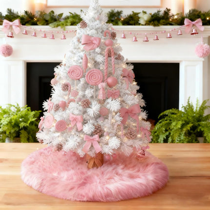 Mini Pink Christmas Tree Skirt – 15" Fluffy Pastel Fur Rug for Tabletop Tree Decor
