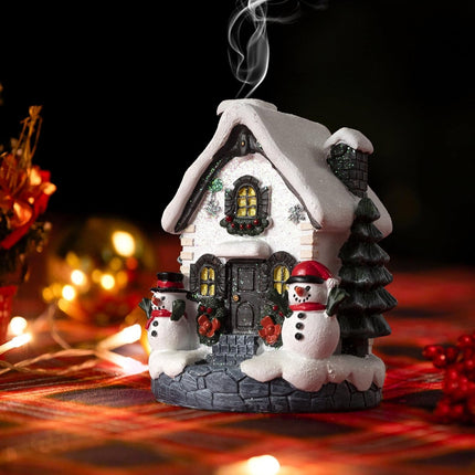 Christmas Cabin Incense Holder – Snow House with Tree & Snowman Holiday Decor