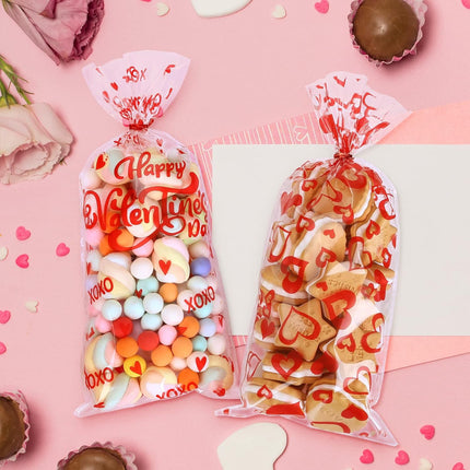 100 PCS Red Valentine’s Day Treat Bags: Heart Cellophane Bags with Twist Ties