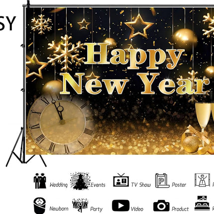 Happy New Year Eve Party Backdrop – Black & Gold Photo Booth Decoration