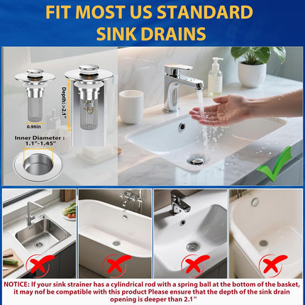 2PCS Bathroom Sink Drain Stopper Strainer, Stainless Steel Hair Catcher, Universal