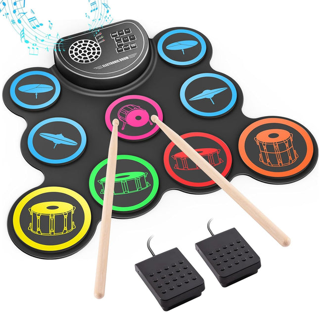 Electronic Drum Set – 9-Pad Roll-up Kit, Headphone Jack, 10H Playtime, Gifts for Kids