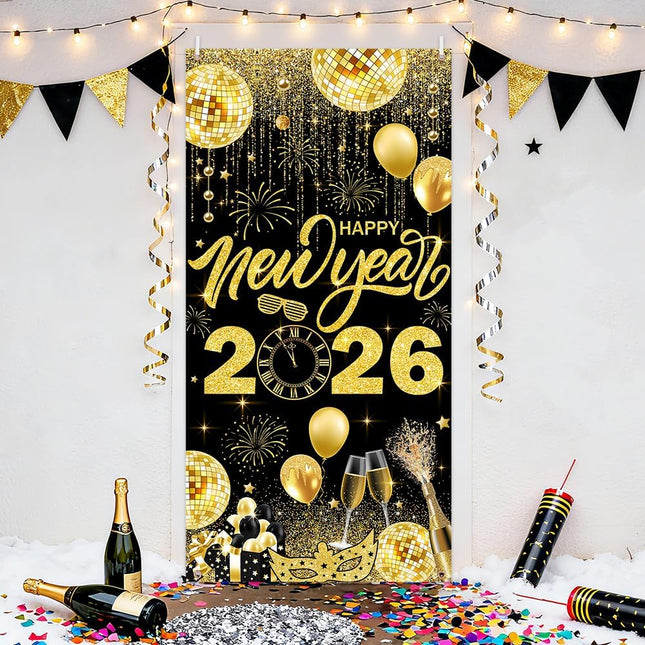 Happy New Year 2026 Banner – Black & Gold Party & Photo Background