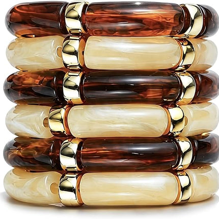 6pcs Chunky Acrylic Bangle Bracelets Brown Resin Stretch Stack Women