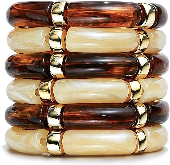 6pcs Chunky Acrylic Bangle Bracelets Brown Resin Stretch Stack Women