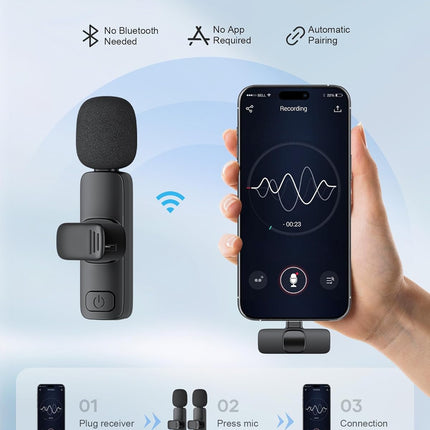 2 Pack Wireless Lavalier Microphone for iPhone Android iPad Recording