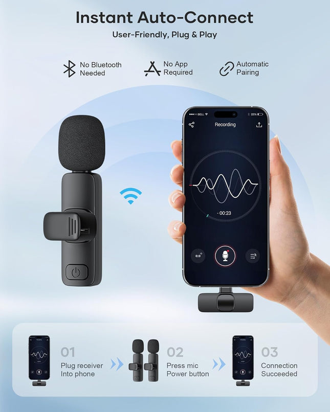 2 Pack Wireless Lavalier Microphone for iPhone Android iPad Recording