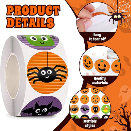 1000-Piece Halloween Stickers Roll, Pumpkin Bat Spider Labels, 16 Colors & Designs