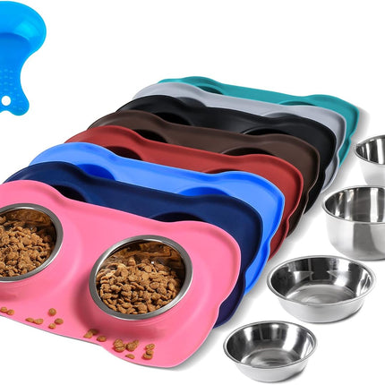 Pet Dog Bowls Set – 2 Stainless Steel Bowls with No-Spill Mat & Food Scoop (Pink)