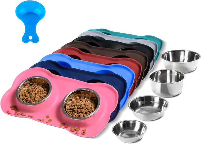Pet Dog Bowls Set – 2 Stainless Steel Bowls with No-Spill Mat & Food Scoop (Pink)