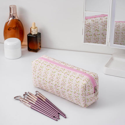 Cute Floral Cotton Makeup Bag – Travel Quilted Cosmetic Pouch, Pink