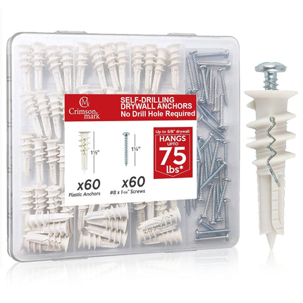 120Pcs Self-Drilling Drywall Anchors & Screws – Holds Up to 75lbs, No Drill Hole Needed