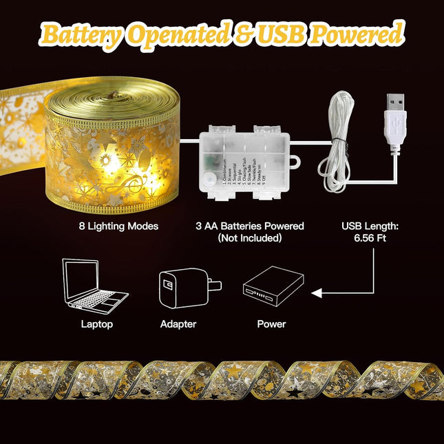 Christmas Tree Fairy Ribbon Lights – 32ft 100 LED Gold Indoor Decoration