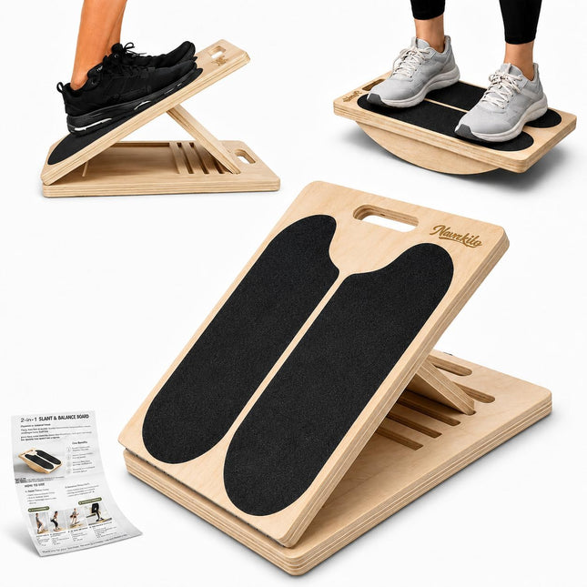 2-in-1 Wooden Slant Board & Balance Board, 5-Level Adjustable Calf Stretch Trainer