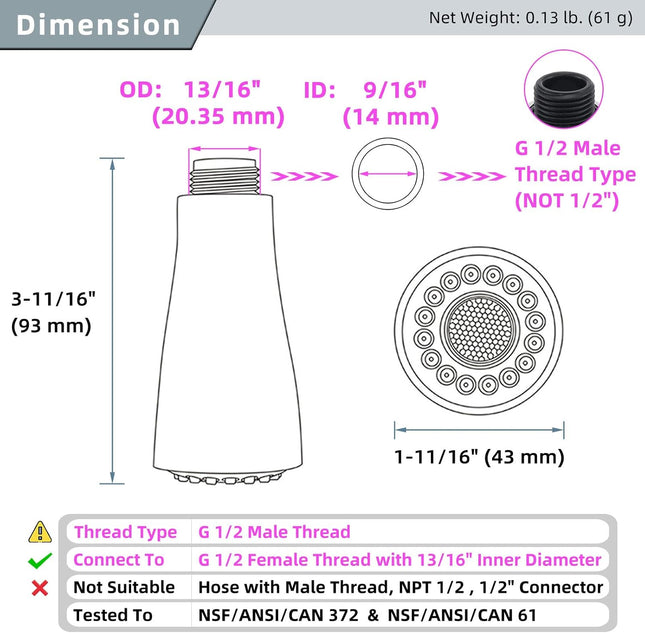 Kitchen Faucet Head Replacement – G 1/2 & 13/16 Inch, Brushed Nickel, 3 Modes