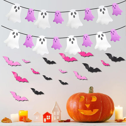 Pink Halloween Decor Set, Ghost Banner, Bat Stickers & 72in Spider Web Table Runner