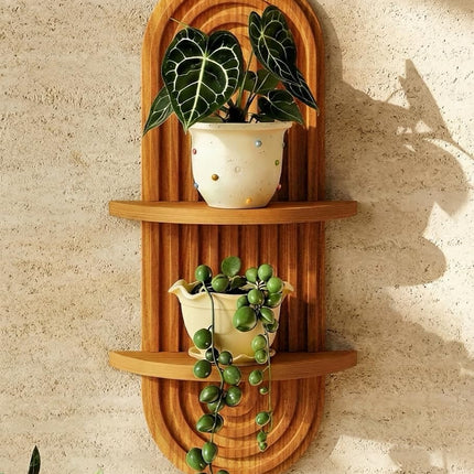Boho Wooden Plant Wall Shelf, 2-Tier Arched Floating Shelves, Brown Mid-Century Decor