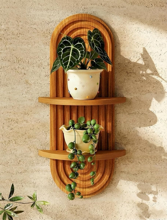 Boho Wooden Plant Wall Shelf, 2-Tier Arched Floating Shelves, Brown Mid-Century Decor