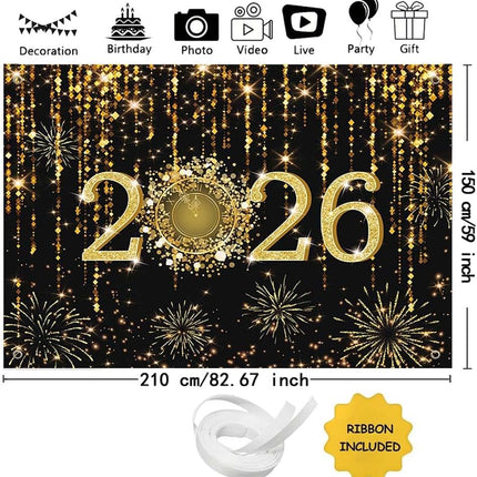 2026 NYE Photography Backdrop – Black & Gold Cheers to 2026 Photo Props