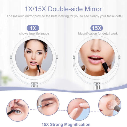 6.25" Vanity Makeup Mirror, Double-Sided 1X/15X Magnifying, 360° Swivel Stand Mirror