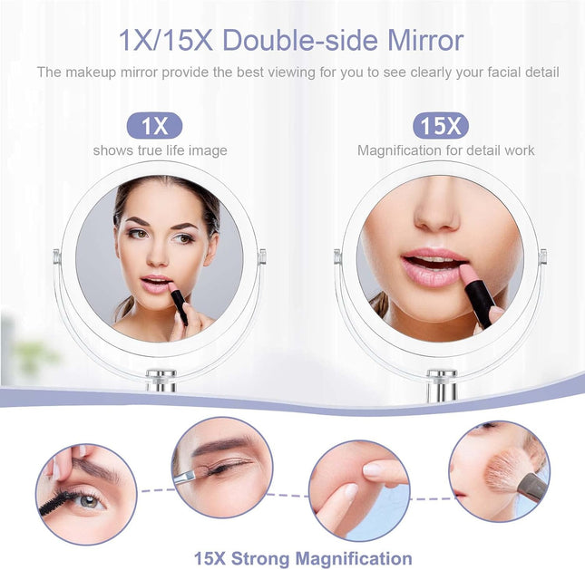 6.25" Vanity Makeup Mirror, Double-Sided 1X/15X Magnifying, 360° Swivel Stand Mirror