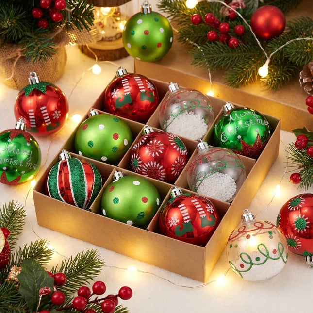 9 Pack Elf Red Green White Shatterproof Christmas Tree Hanging Ornaments