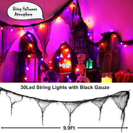 9.9FT 30LED Halloween Gauze String Lights, Orange Purple, 8 Modes & Timer
