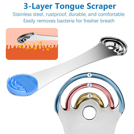 Tongue Scraper 3-Layer Stainless Steel Tongue Cleaner with Silicone Brush