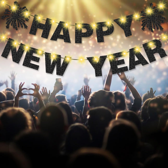 Happy New Year Party Banner – Black Glitter Light Up Decorations for NYE