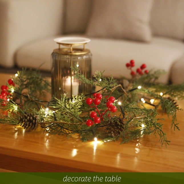 Christmas Garland with Lights – 20 LED Battery Powered, Pine Cones & Red Berries