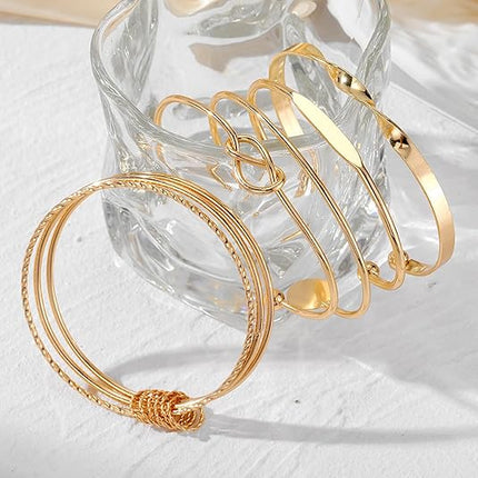 Women Gold Cuff Bracelet Set 14K Plated Multi Layer Stackable Bangles
