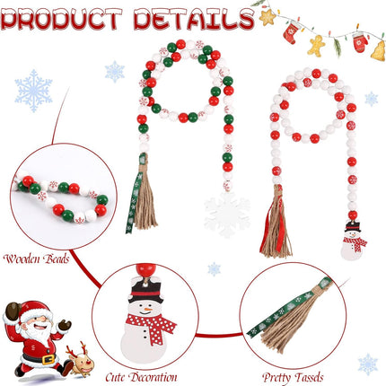 2 PCS Christmas Wooden Bead Garland – Red Green Beads with Snowman Tags