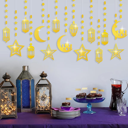16Pcs Ramadan Decorations – Gold Star, Moon & Lantern Garland for Eid Mubarak