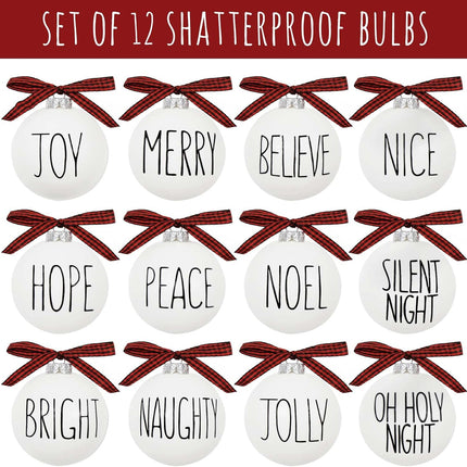 12 Shatterproof White Ornaments with Buffalo Plaid Bows – Farmhouse Xmas Tree Decor