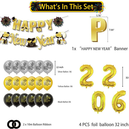 New Year 2026 Party Supplies – Gold 2026 Balloons, Photo Props & Glasses