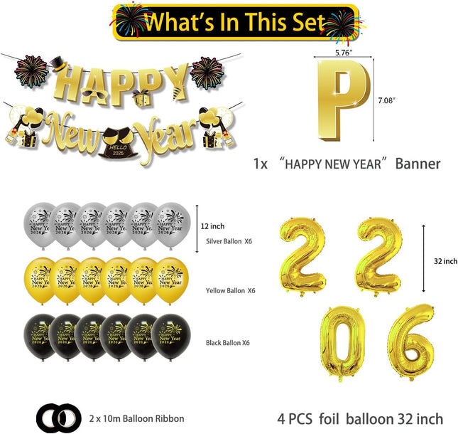 New Year 2026 Party Supplies – Gold 2026 Balloons, Photo Props & Glasses