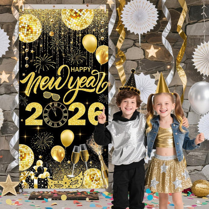 Happy New Year 2026 Banner – Black & Gold Party & Photo Background