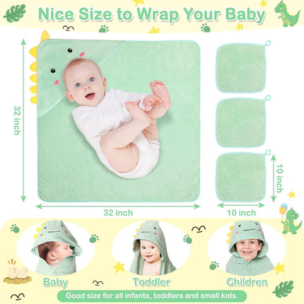 4PCS Baby Bath Towels Set, Dinosaur Hooded Towel & 3 Washcloths, Soft Infant Essentials