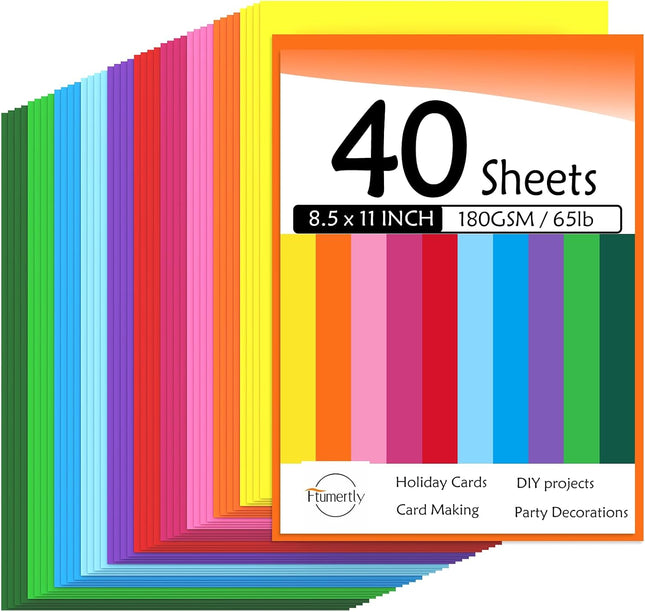 40 Pack Colored Cardstock Paper, 180gsm 65lb, 8.5 x 11 Inch, 10 Assorted Colors
