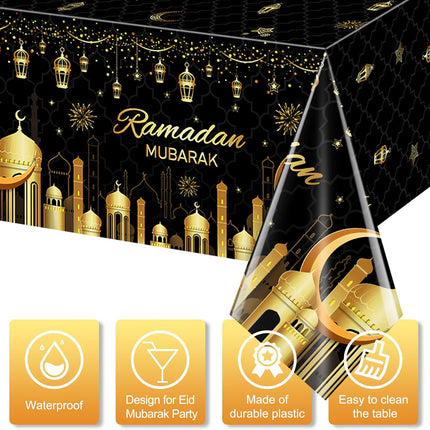 3-Pack Ramadan Plastic Tablecloths – 54x108 Inch Disposable Eid Mubarak Party Decor