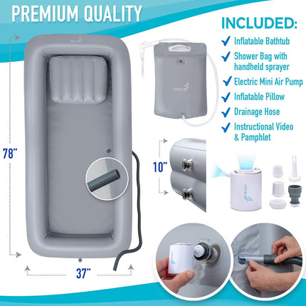 Blow-Up Portable Bath Tub for Adults with Pump & Bedside Shower Bag